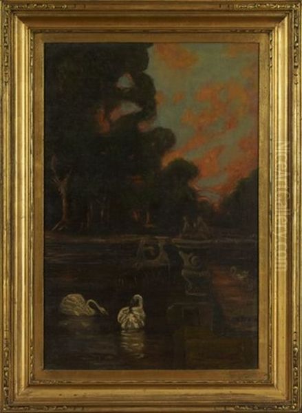 Evening Scene With Two Swans In A Fountain Oil Painting by Carl Kahler