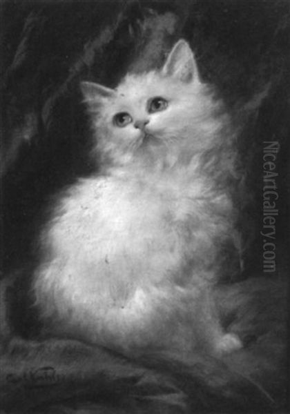 White Kitten Oil Painting by Carl Kahler