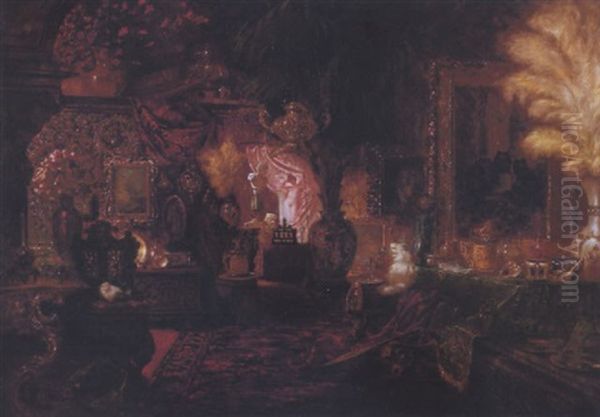 Interior With Artist Sketching Oil Painting by Carl Kahler