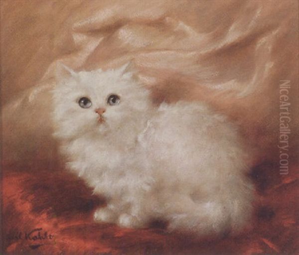 White Angora Kitten On A Pillow Oil Painting by Carl Kahler