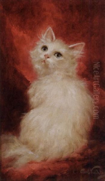 White Angora On A Red Drape Oil Painting by Carl Kahler