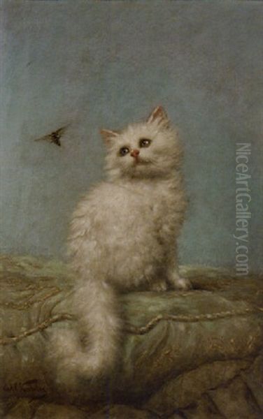 White Angora With A Bee Oil Painting by Carl Kahler