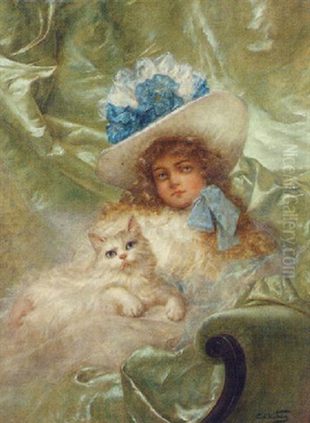 Portrait Of A Young Girl With A White Cat Oil Painting by Carl Kahler