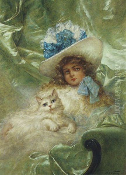 Portrait Of A Young Girl With A White Cat Oil Painting by Carl Kahler