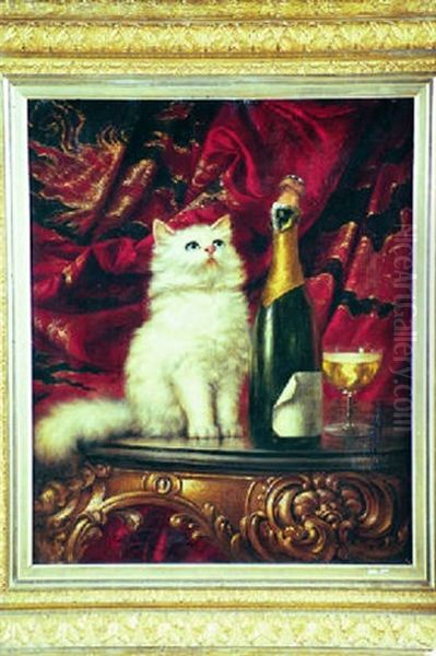 Persian Cat And Champagne Bottle Oil Painting by Carl Kahler