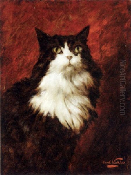 A Long Haired Cat Oil Painting by Carl Kahler