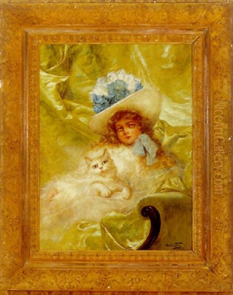 Portraet Af Pige Med Kat I Sofa Foran Draperi Oil Painting by Carl Kahler