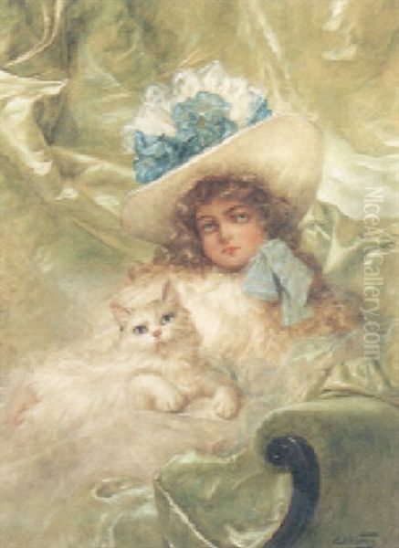 Portrait Of A Young  Girl, Wearing A Blue And White Hat With A White Cat Oil Painting by Carl Kahler