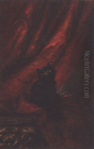 A Black Persian On A Partially Draped Table Oil Painting by Carl Kahler