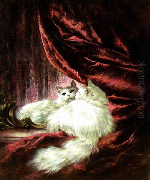 A White Cat Peering Into A Mirror Oil Painting by Carl Kahler