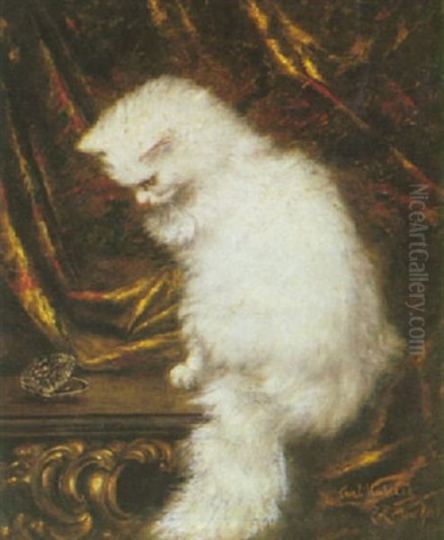 A Contemplative White Cat Oil Painting by Carl Kahler