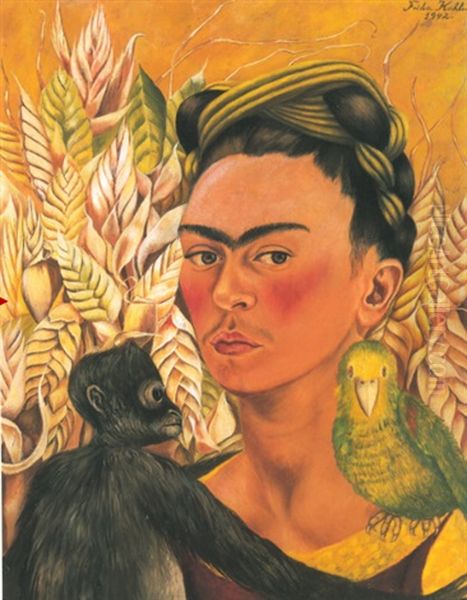 Autorretrato Con Chango Y Loro Oil Painting by Frida Kahlo