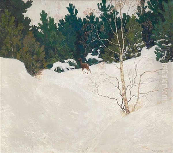 Reh Im Winterwald Oil Painting by Max Kahrer