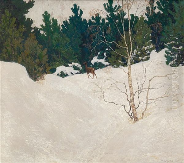 Reh Im Winterwald Oil Painting by Max Kahrer