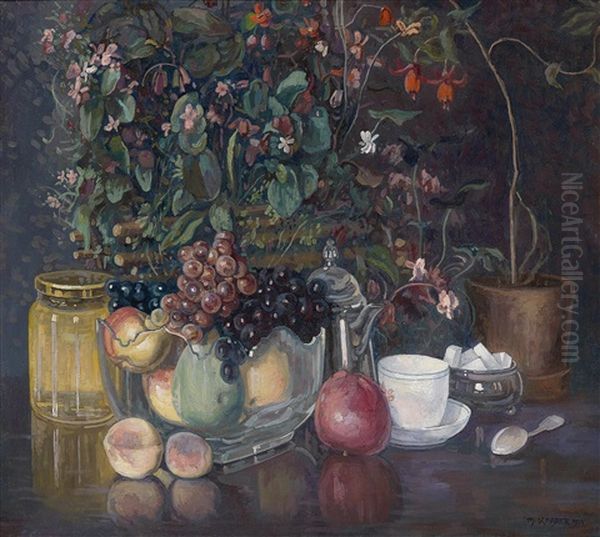 Stilleben Mit Blumen, Fruchten Und Schalchen Mit Wurfelzucker Oil Painting by Max Kahrer