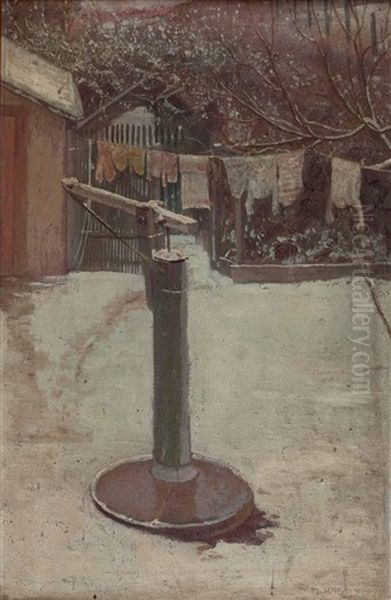 Winterlicher Hinterhof Mit Pumpe Und Aufgehangter Wasche Oil Painting by Max Kahrer