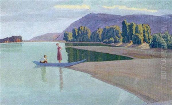 An Der Donau Im Hintergrund Der Leopoldsberg Oil Painting by Max Kahrer