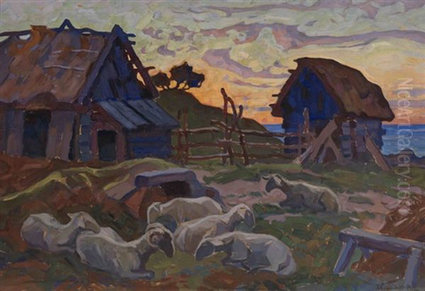 Resting Sheep Oil Painting by Anatoly Dmitrievich Kaigorodov