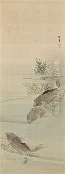 Carp (pair) Oil Painting by Oda Kaisen