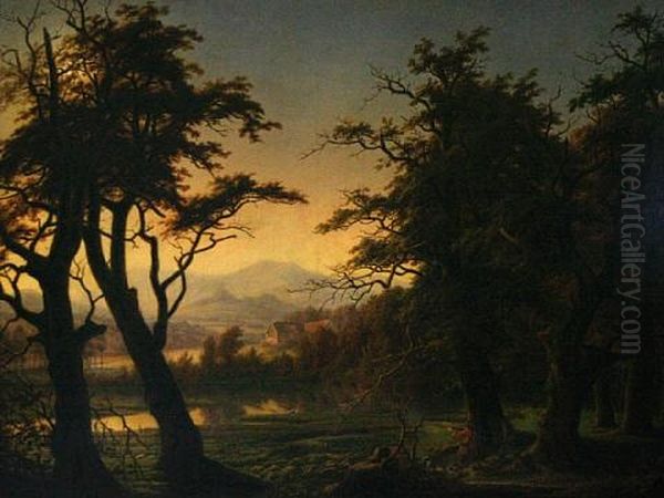 Wooded Lake Landscape With Two Gentlemen Shooting Duck Oil Painting by Adolph Kaiser