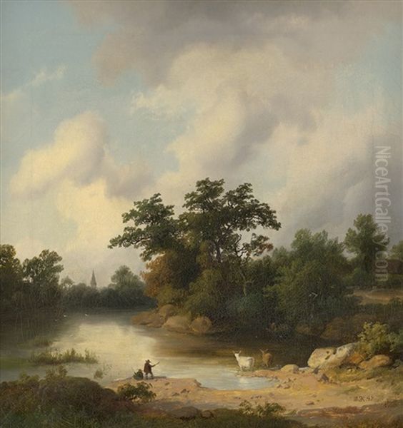 Flusslandschaft Mit Fischern Und Kuhen, Im Hintergrund Ein Dorf Oil Painting by Ernst Kaiser