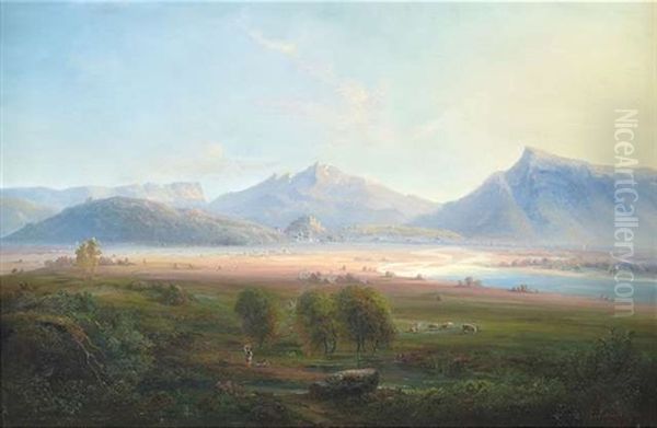 Blick Von Der Terrasse Der Kirche Maria Plain In Das Salzachtal Mit Salzburg, Hohensalzburg Und Das Salzkammergut Oil Painting by Ernst Kaiser