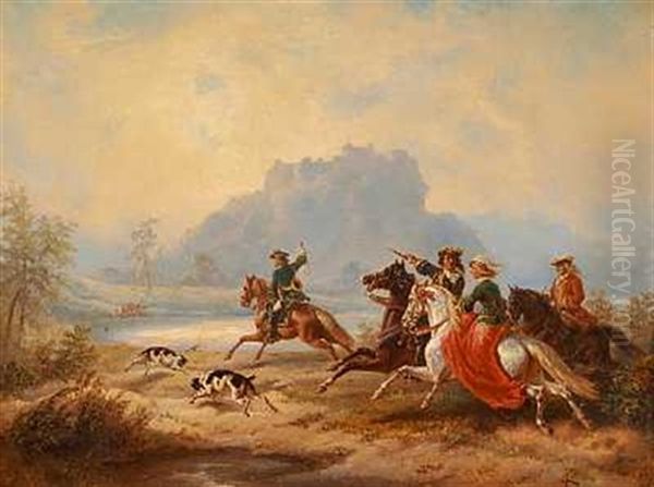 Adelsfolk Pa Parforcejagt, I Baggrunden En Hojtliggende Borg Oil Painting by Friedrich Kaiser