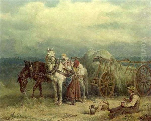 Landscape With Hay Wagon And Figures Oil Painting by Friedrich Kaiser