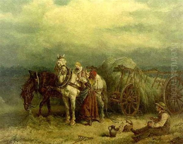 Landscape With Hay Wagon And Figures Oil Painting by Friedrich Kaiser