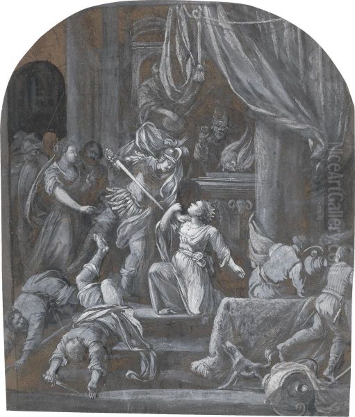 A Woman Being Murdered By A Soldier In A Temple Oil Painting by Gerrit Van Battem