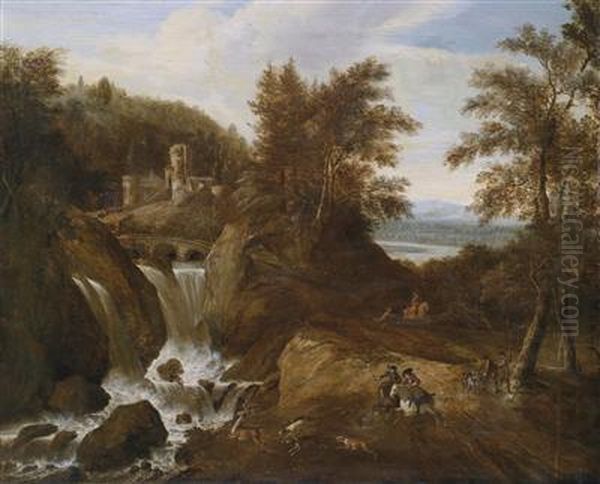 A Mountainous Landscape With A Waterfall And A Hunting Party Oil Painting by Gerrit Van Battem