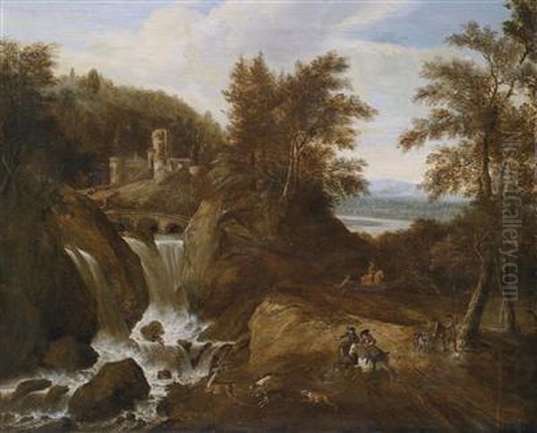 A Mountainous Landscape With A Torrent Anda Hunting Party Oil Painting by Gerrit Van Battem