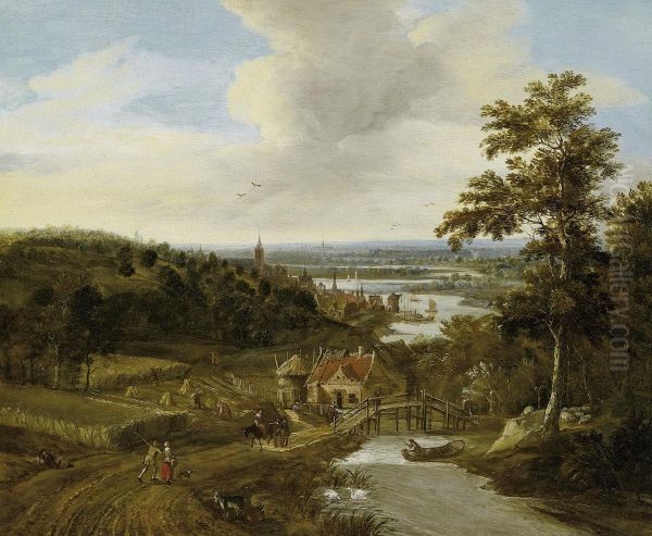 Wide Riverscape With Farmers Andtravellers Oil Painting by Gerrit Van Battem