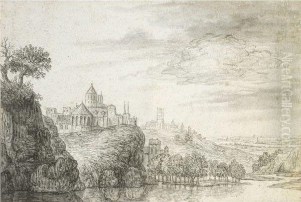 View Of A Town, With Church And Castle Buildings Above Ariver Oil Painting by Gerrit Van Battem