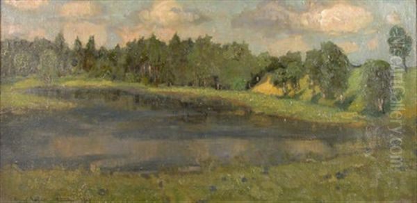 Idyllischer Sommertag. Blick Vom Ufer Auf Einen Ruhigen See Am Rande Eines Fichtenhains Oil Painting by Richard Kaiser