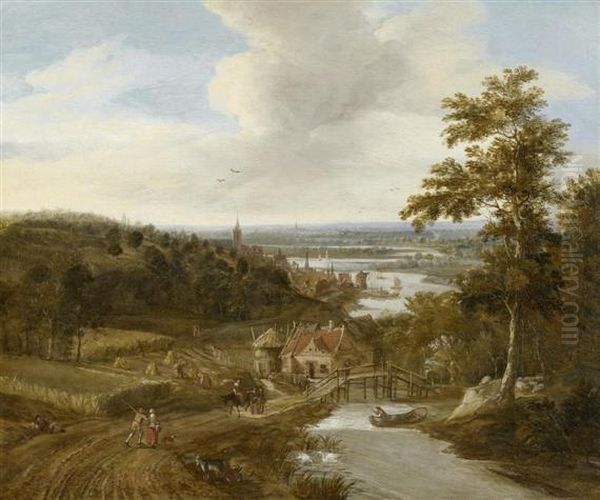 River Landscape With Peasants And Travellers Oil Painting by Gerrit Van Battem