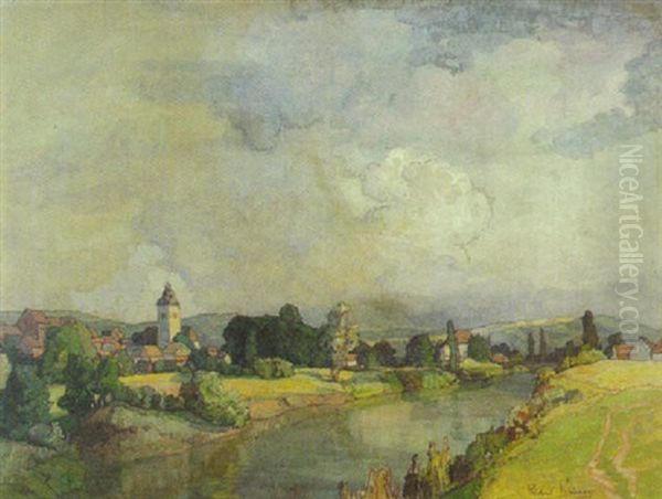 Sommerliche Flusslandschaft (franken?) Mit Einer Ortschaft Zwischen Baumen Und Vor Einer Hugelkette Oil Painting by Richard Kaiser