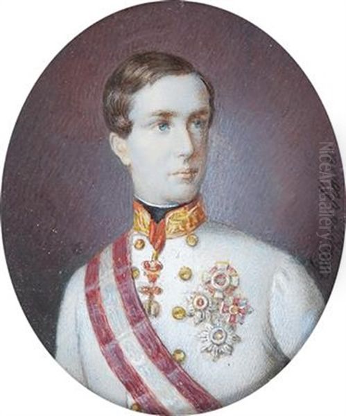 A Portrait Of Young Emperor Francis Joseph In A Uniforn Oil Painting by Eduard Kaiser