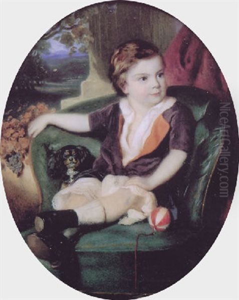 Portrait Of A Young Boy, Seated, In Purple Suit With Orange Facings, A Kind Charles Spaniel At His Side Oil Painting by Eduard Kaiser