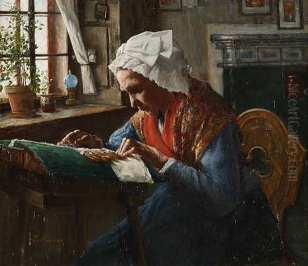 Bauersfrau Bei Der Handarbeit In Der Stube Oil Painting by Eduard Kaiser