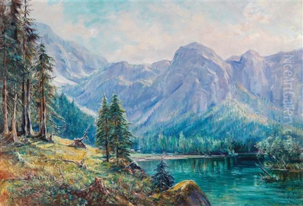 Hallstattersee With View Of The Dachstein Oil Painting by Carl Kaiser-Herbst