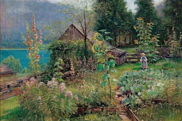 Bauerngarten An Einem Oberosterr. See Oil Painting by Carl Kaiser-Herbst