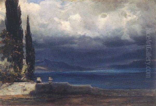 Corfu - Terrasse Ybso, Blick Gegen Albanien Oil Painting by Carl Kaiser-Herbst