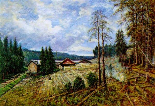 Sagewerk In Wald Oil Painting by Carl Kaiser-Herbst