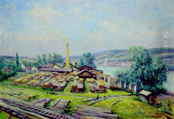 Sagewerk An Der Donau, Im Hintergrund Maria Taferl Oil Painting by Carl Kaiser-Herbst