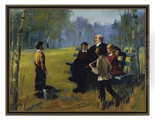 Lenin With Children Oil Painting by David Nestorovich Kakabadze