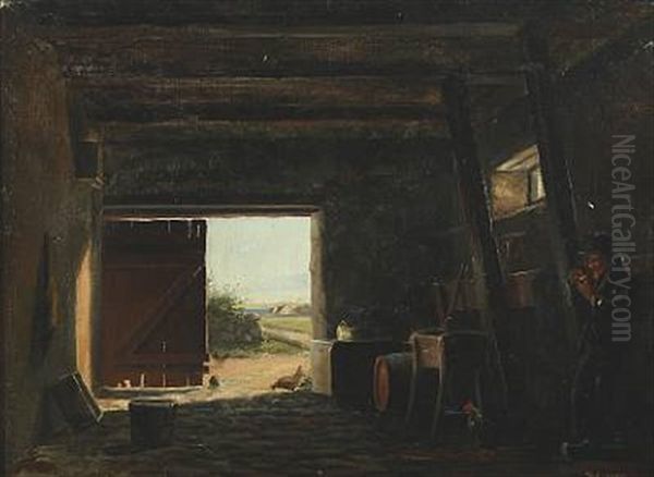 A Farmer Smoking His Pipe In A Barn Oil Painting by Isidor Kalckar