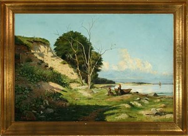 Coastal Scenery With Two Women At A Dinghy Oil Painting by Isidor Kalckar