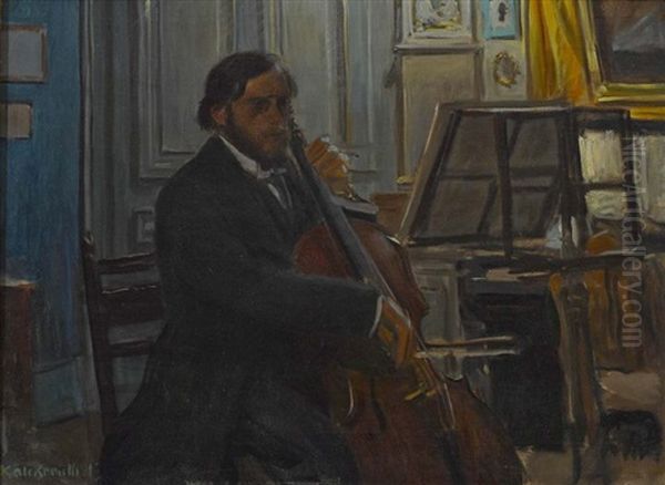 Cellospieler Im Salon Oil Painting by Karl Walter Leopold von Kalckreuth