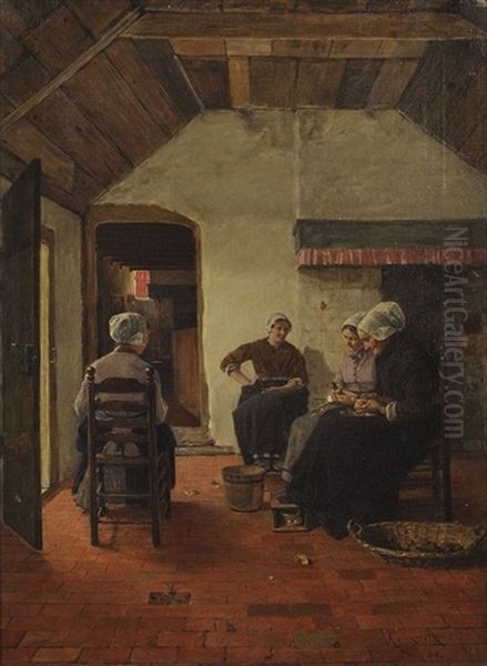 Interieur Mit Vier Hollanderinnen Beim Kartoffelschalen Oil Painting by Karl Walter Leopold von Kalckreuth